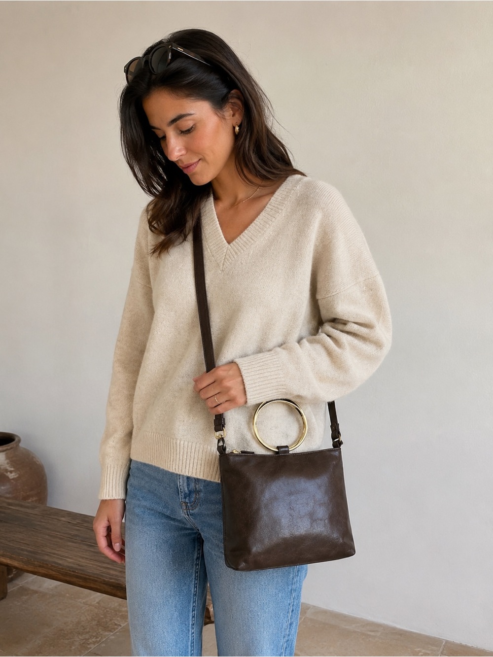 Joy Susan Dark Brown Leather Crossbody with Gold Ring